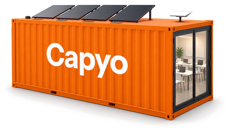 The Capyo Container with solar panels and Starlink on the roof
